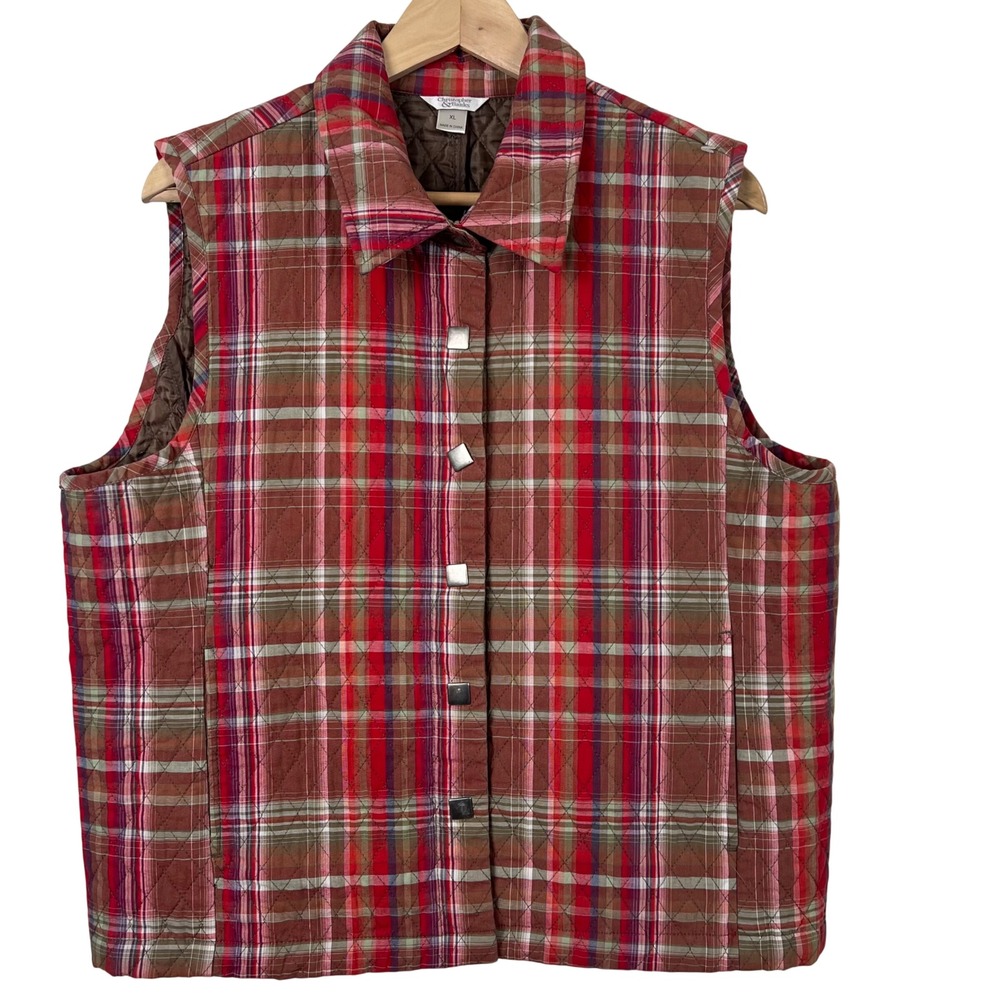 Christopher Banks Women Plaid Quilted Vest Red‎ Green XL Holiday Button  Pockets